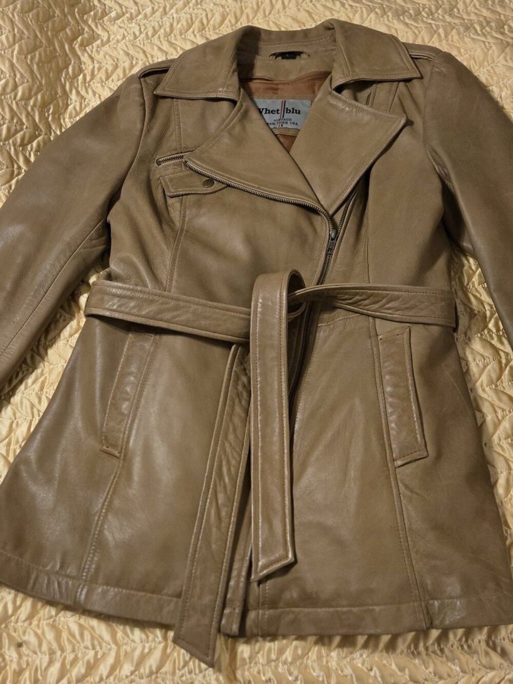 Brown Leather Trench Jacket with Asymmetrical Zipper and Removable Liner